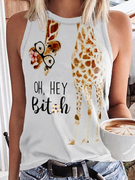 Giraffe Print English Glasses Round Neck Sleeveless Tank Tops