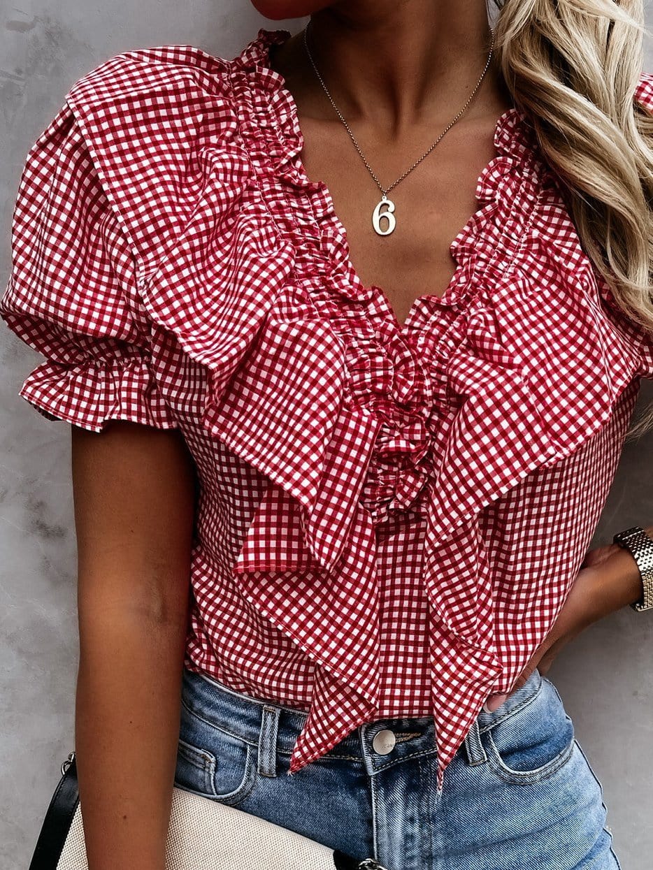 Layered Plaid Short Sleeve V-Neck Lotus Leaf Blouses