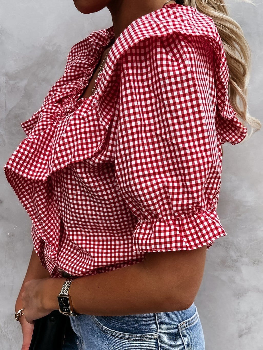 Layered Plaid Short Sleeve V-Neck Lotus Leaf Blouses