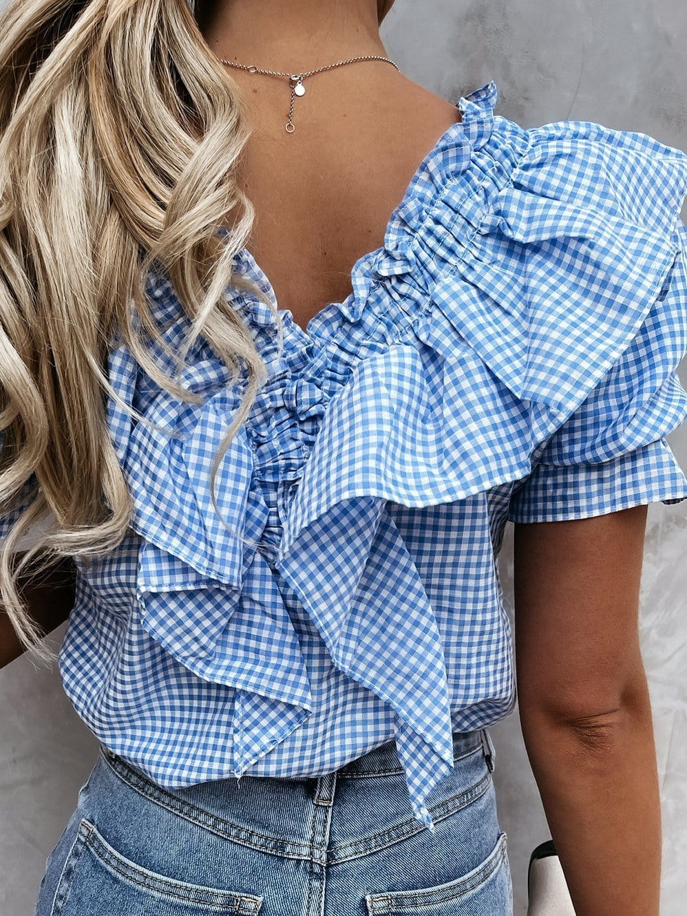 Layered Plaid Short Sleeve V-Neck Lotus Leaf Blouses