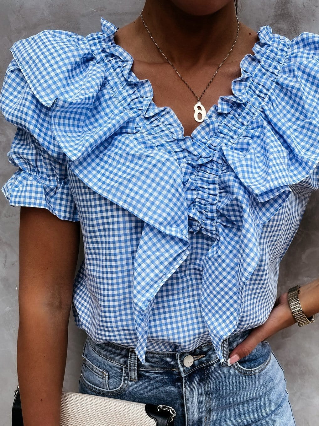 Layered Plaid Short Sleeve V-Neck Lotus Leaf Blouses