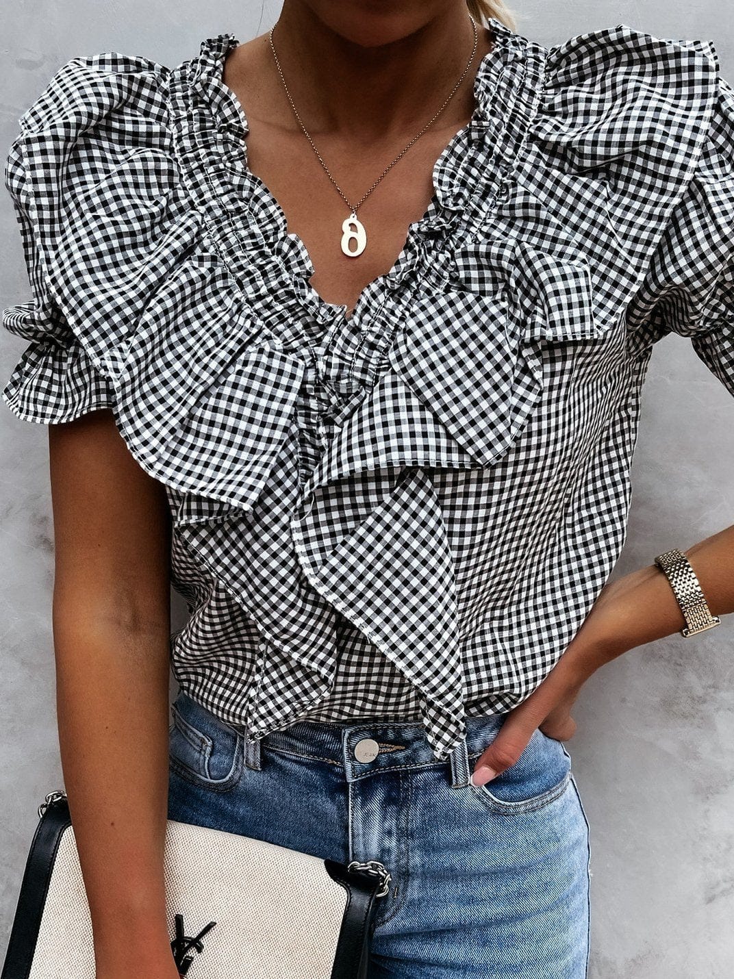 Layered Plaid Short Sleeve V-Neck Lotus Leaf Blouses