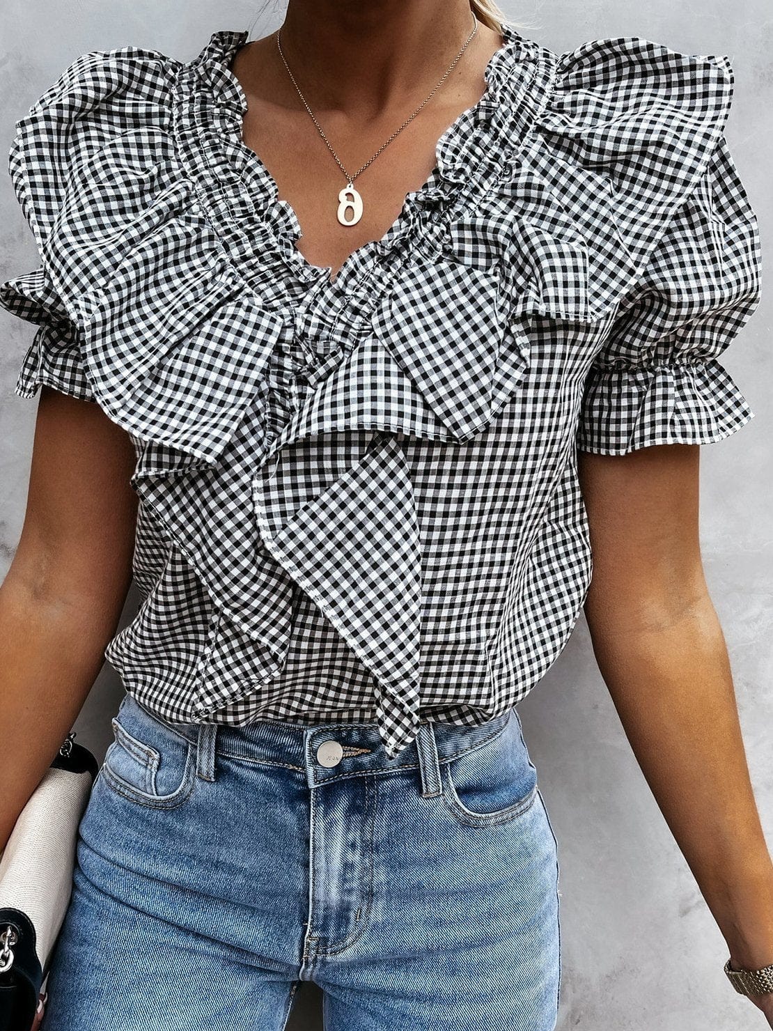 Layered Plaid Short Sleeve V-Neck Lotus Leaf Blouses