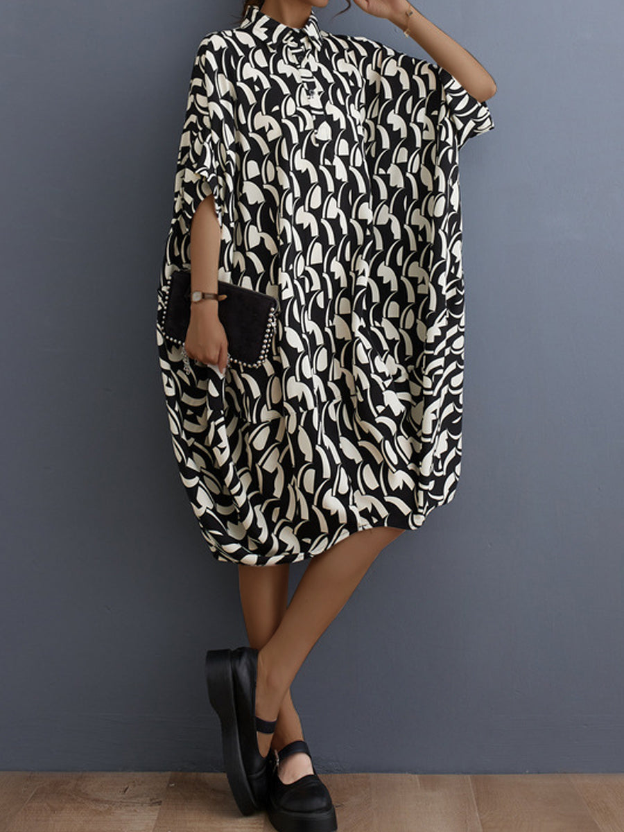 Midi Dresses - Literary Retro Floral Loose Lapel Temperament Midi Dress - MsDressly