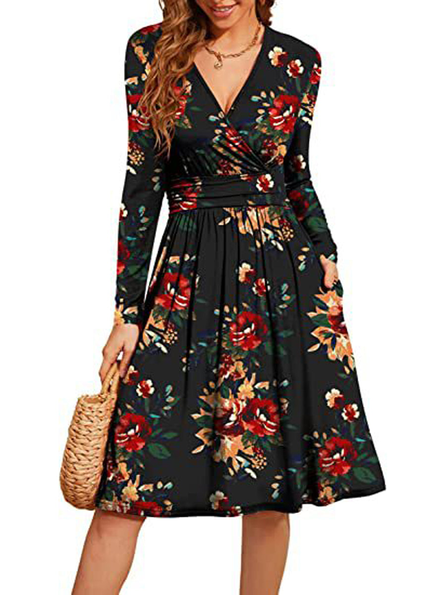 Midi Dresses - Short Sleeve Casual V-Neck Floral Party Midi Dress - MsDressly