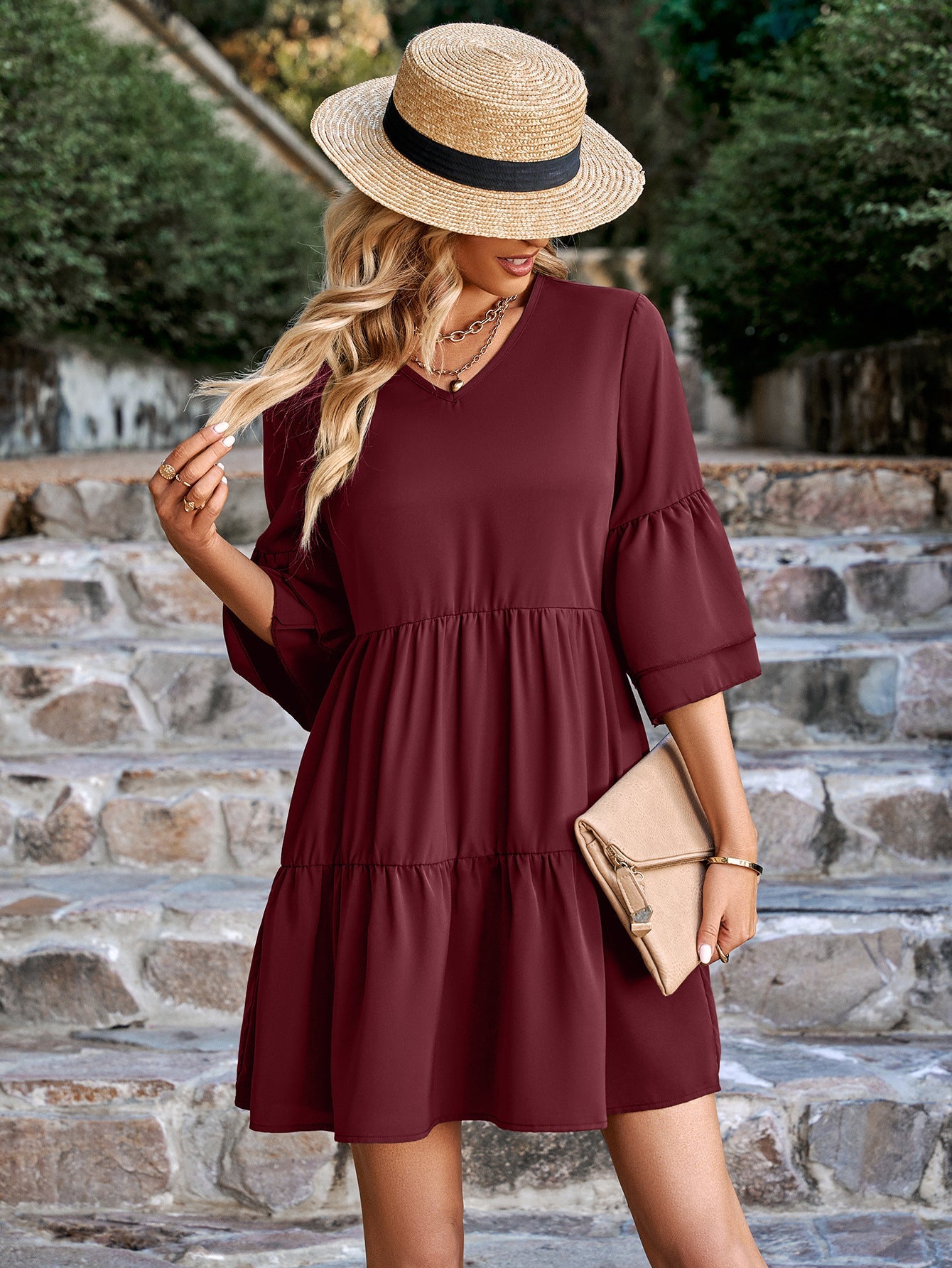 Mini Dresses - V-Neck Solid Color Loose Fashion Mini Dress - MsDressly