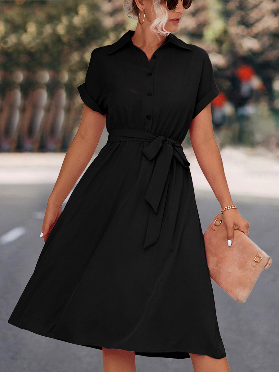 Midi Dresses - Lace Up Solid Color V Neck Midi Dress - MsDressly