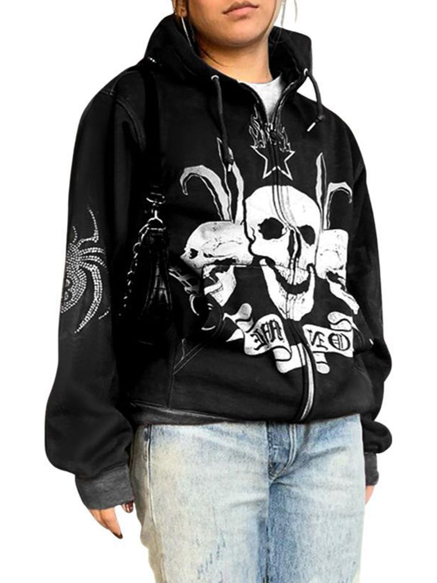 Hoodies - Spider Skull Print Goth Harajuku Punk Hoodie - MsDressly