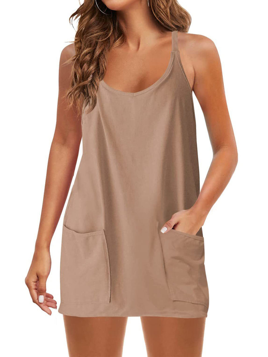 Mini Dresses - Spaghetti Strap Sundress Athletic V Neck Mini Dress - MsDressly