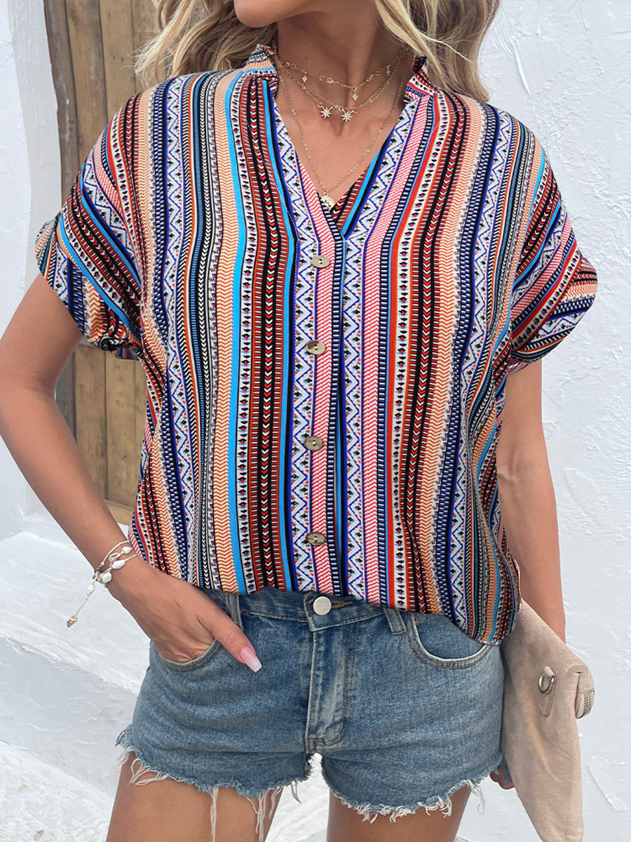 Blouses - Multicolored Stripe Notched Neck Blouse - MsDressly