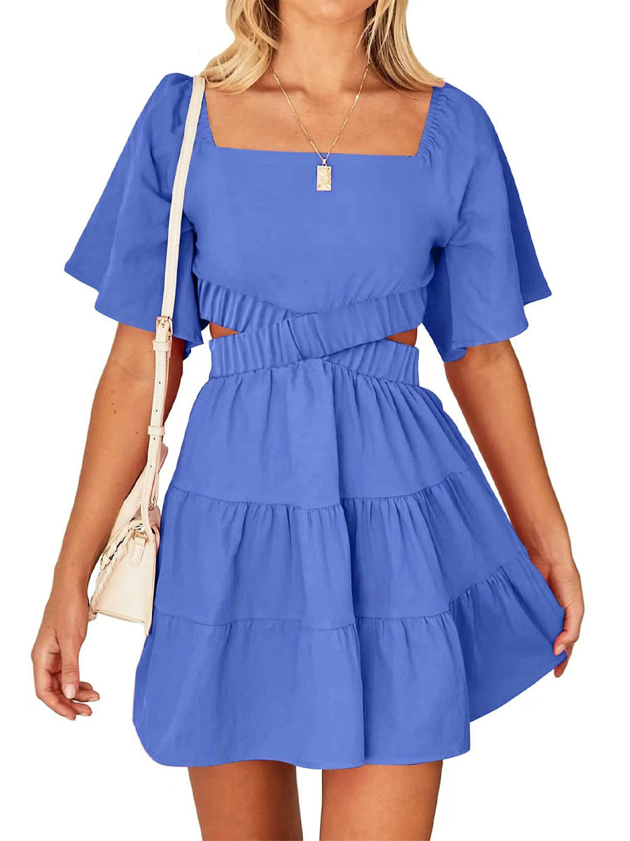 Shy Velvet Crossover Waist Casual Party Square Neck Short Sleeves Mini Dress