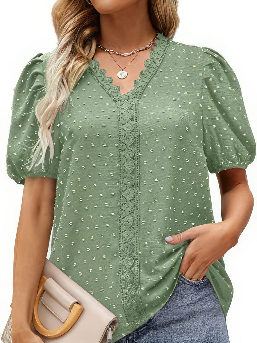 T-Shirts - Lace Bubble Short Sleeve V Neck T-Shirt - MsDressly