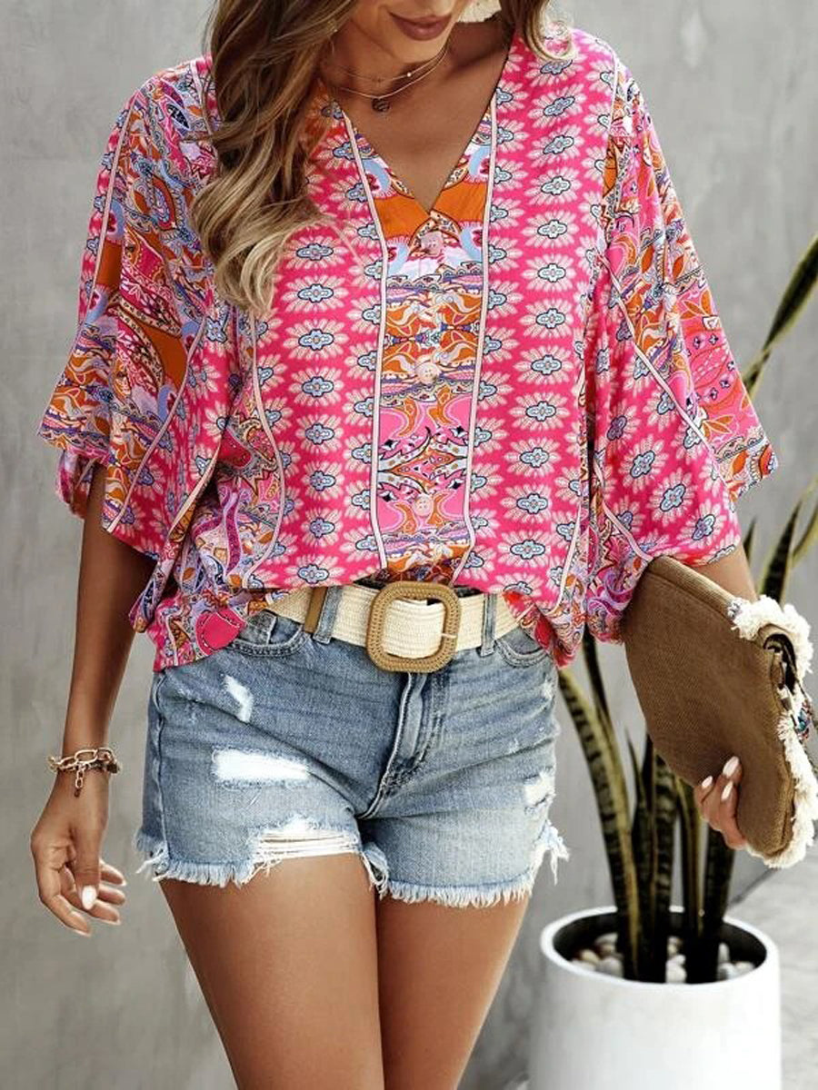 Blouses - Casual Solid Flowy Loose Tunic Short Sleeve V Neck Blouse - MsDressly