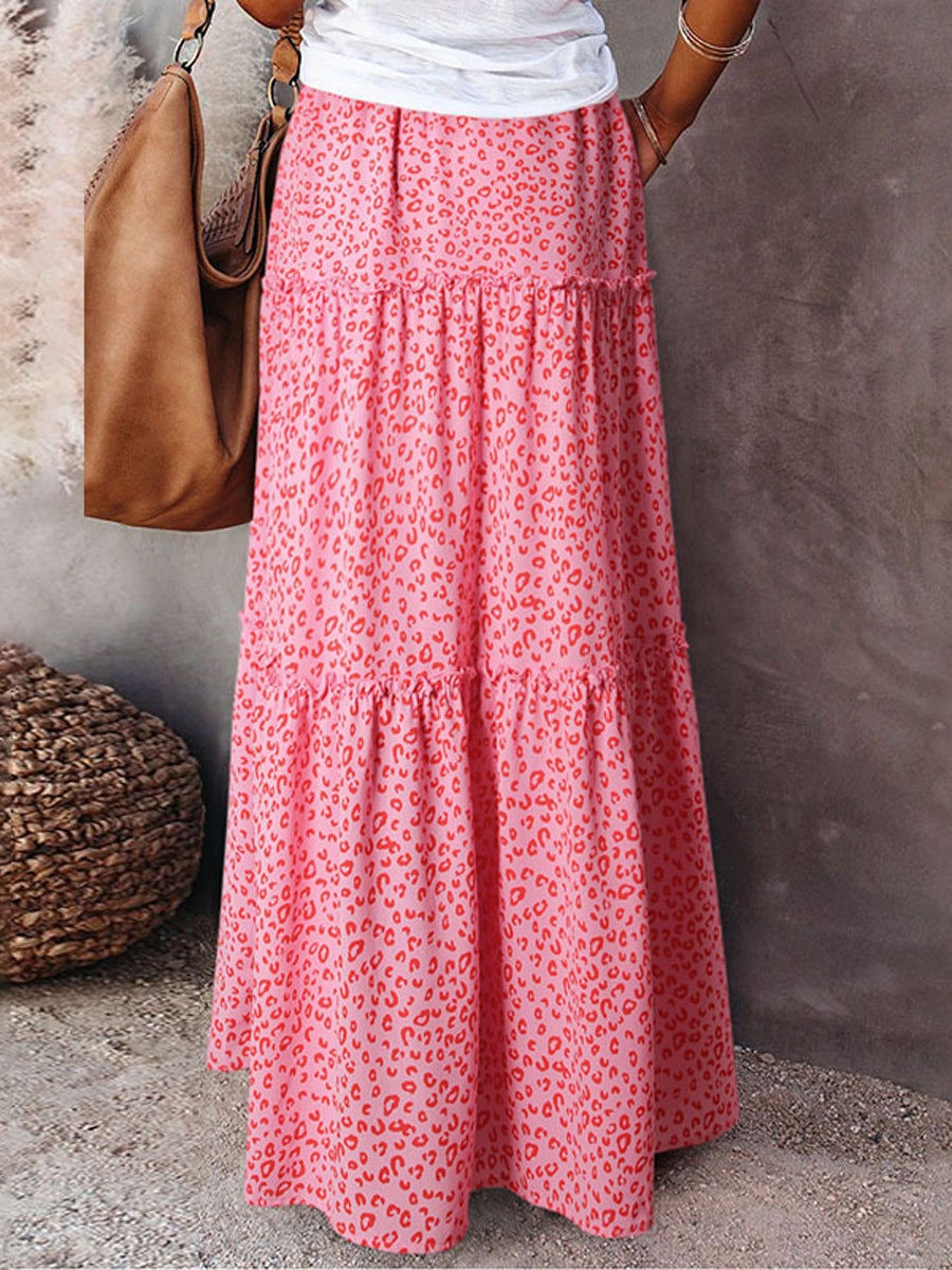 Maxi Dresses - Leopard Drawstring Waist Frill Trim Tiered Maxi Dress - MsDressly