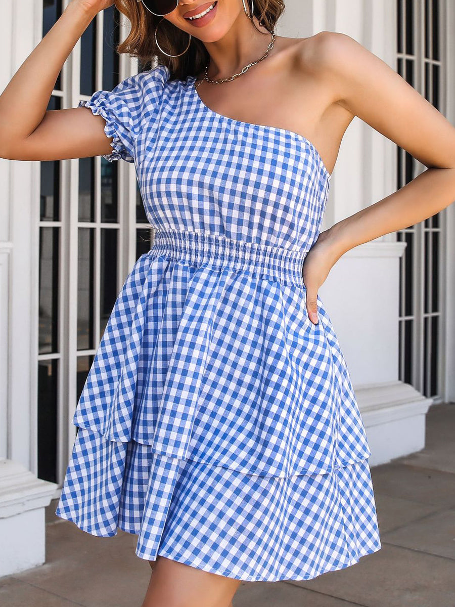 Mini Dresses - One Shoulder Multi Layered Puff Sleeve Mini Dress - MsDressly