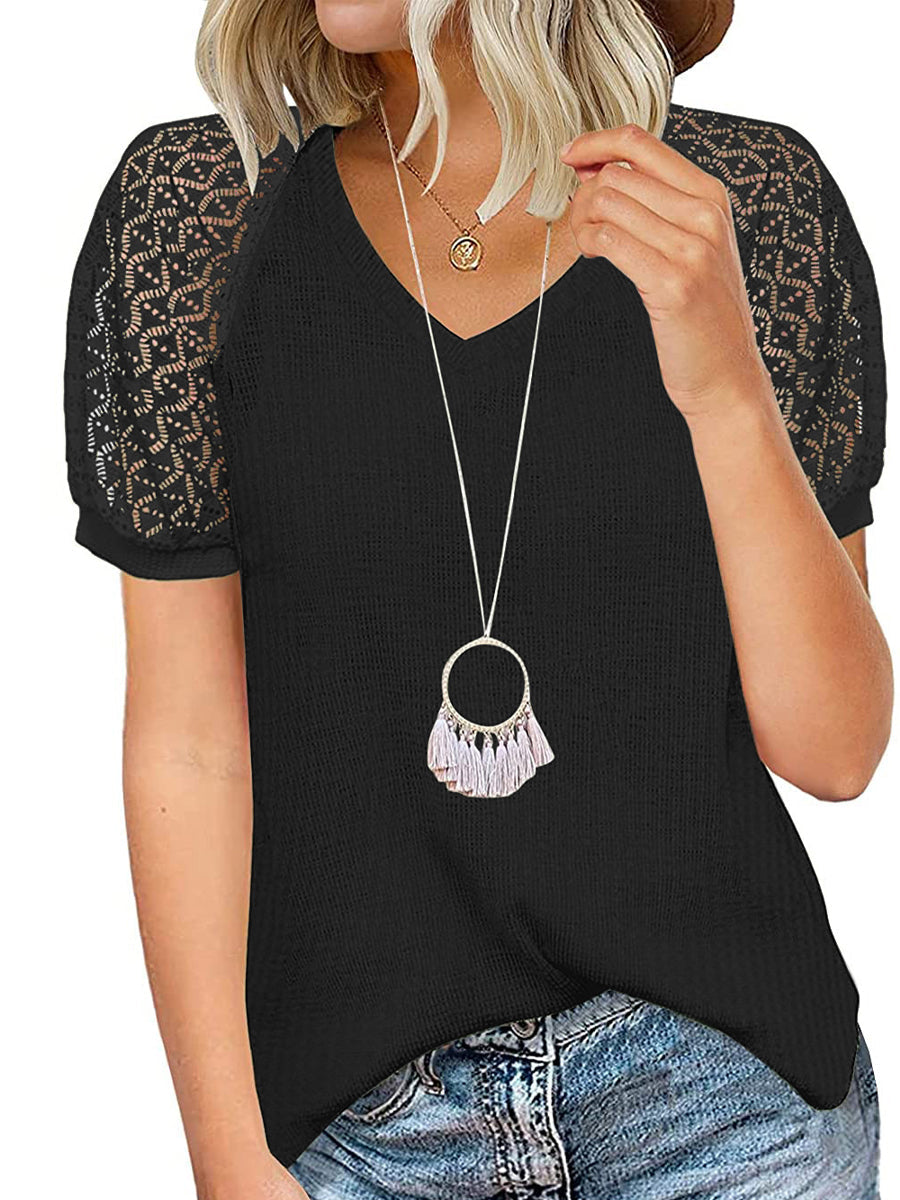 T-Shirts - Lace Loose Casual Waffle Tee Short Sleeve V Neck T-Shirt - MsDressly