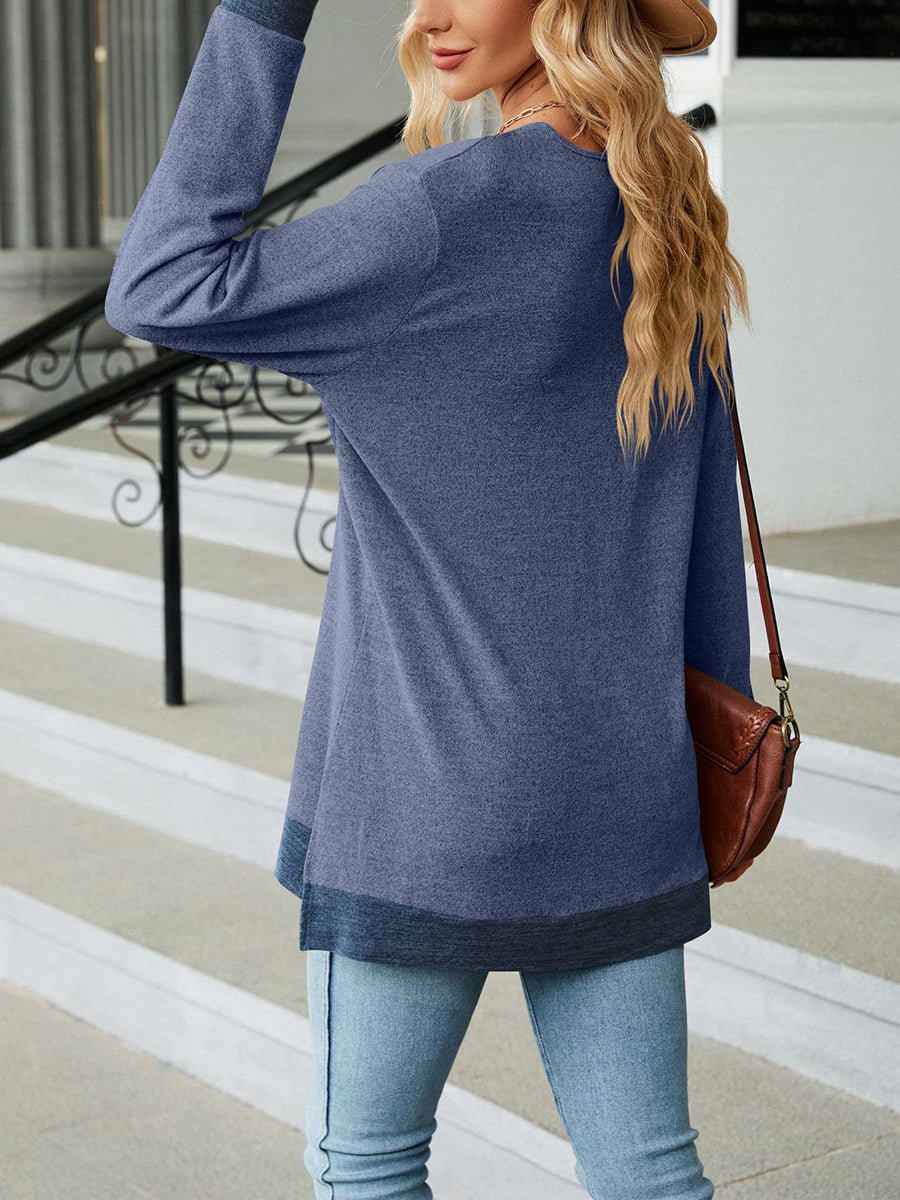 Lace V Neck Color Contrast Slit Loose Long Sleeved Blouse