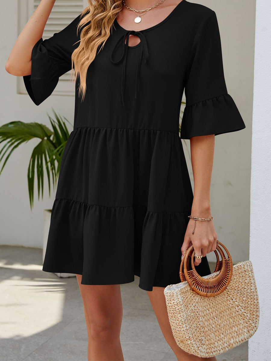 Mini Dresses - Stylish Pleated Ruffle Short Sleeve Mini Dress - MsDressly