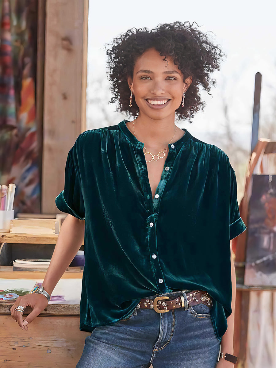 Blouses - Gold Velvet Solid Color Short Sleeve Round Neck Blouse - MsDressly