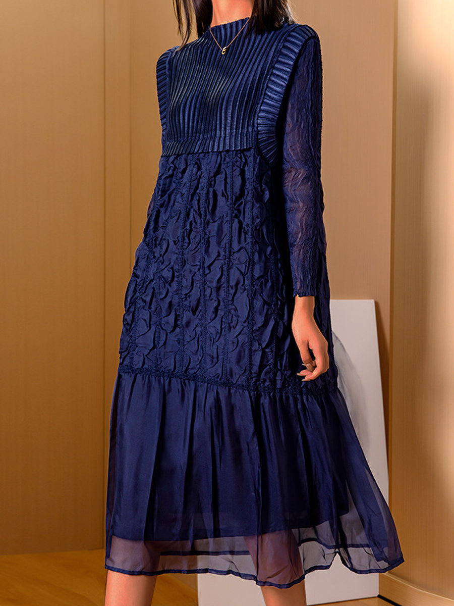 Midi Dresses - Plus Size Pleated Slim Round Neck Midi Dress - MsDressly