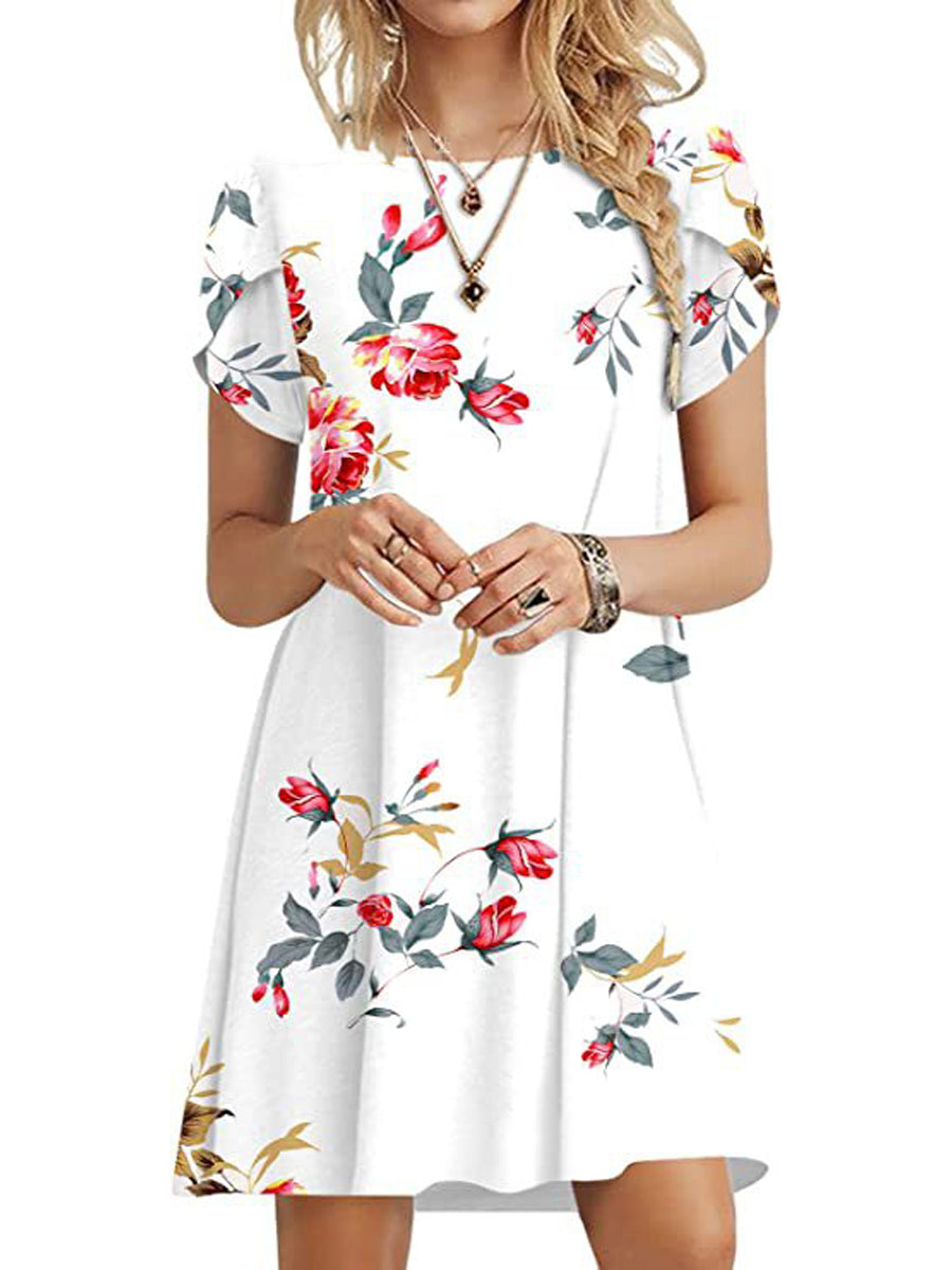 Mini Dresses - Casual Ruffle Short Sleeve Cute Crew Neck Flowy Mini Dress - MsDressly