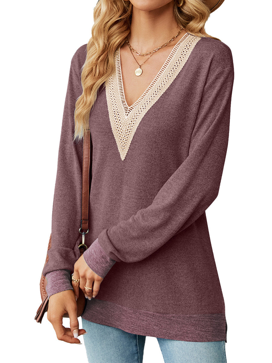 Lace V Neck Color Contrast Slit Loose Long Sleeved Blouse