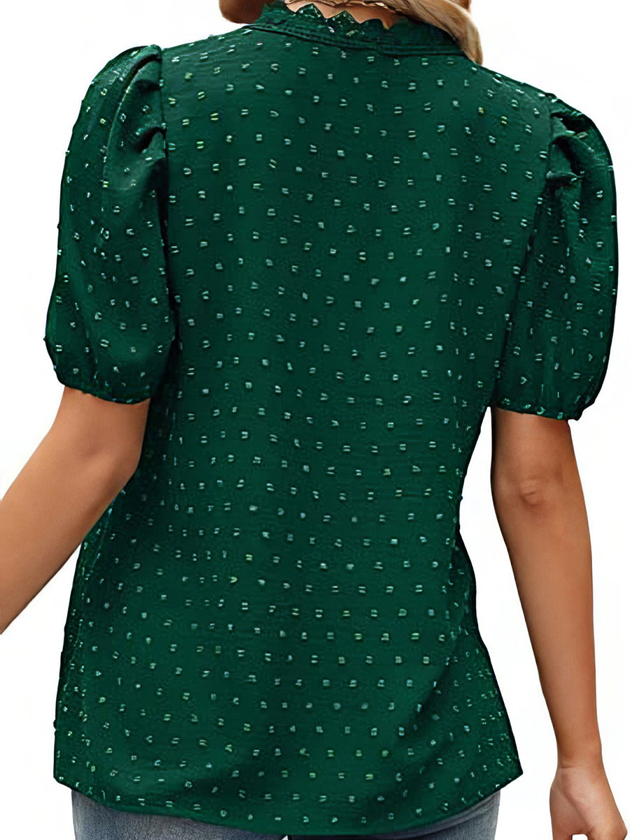 T-Shirts - Lace Bubble Short Sleeve V Neck T-Shirt - MsDressly