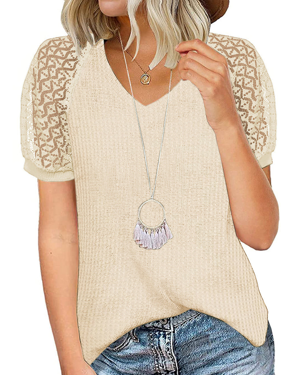 T-Shirts - Lace Loose Casual Waffle Tee Short Sleeve V Neck T-Shirt - MsDressly