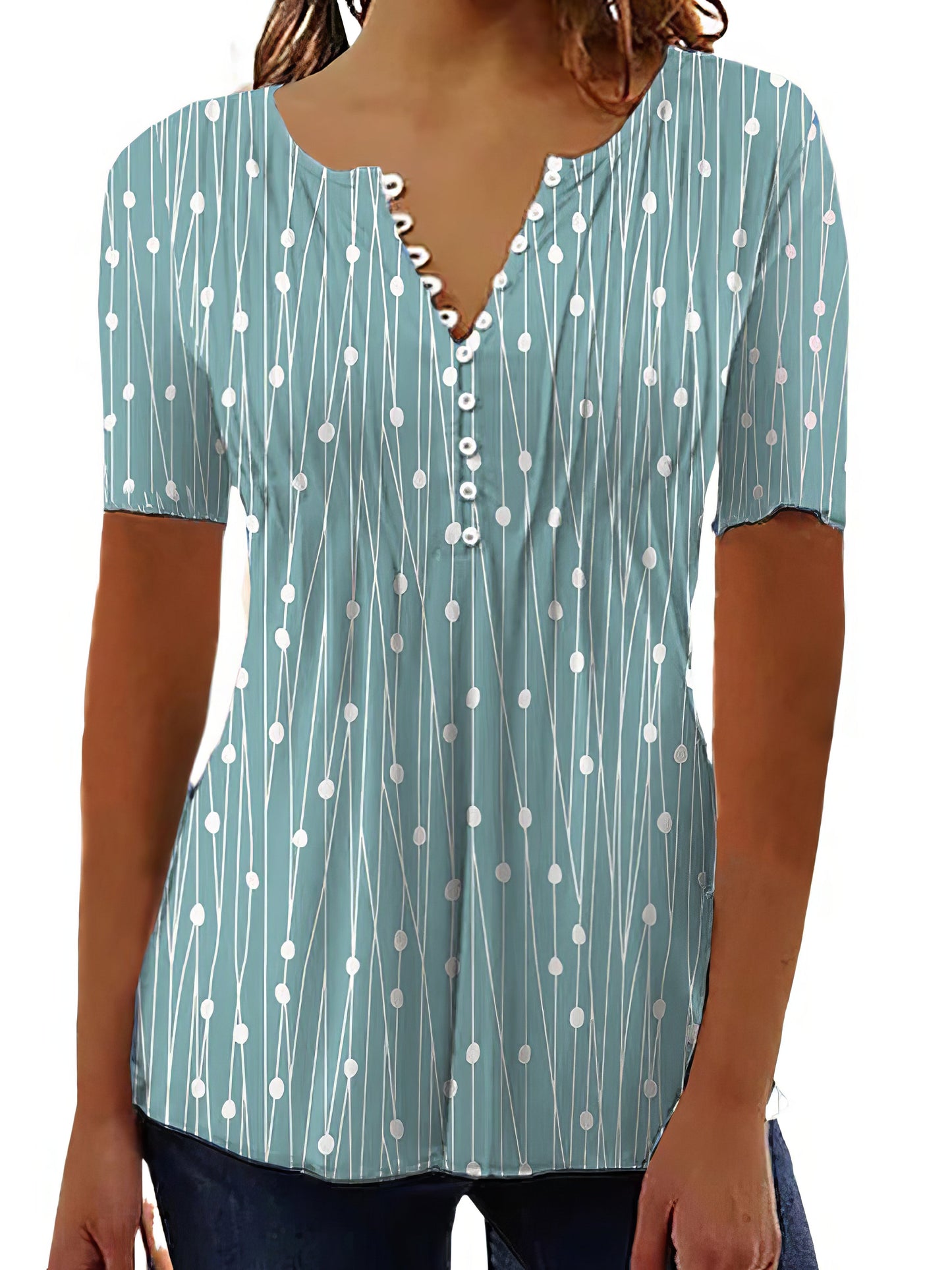 Blouses - V-Neck Polka Dot Printed Button Short Sleeve Blouse - MsDressly