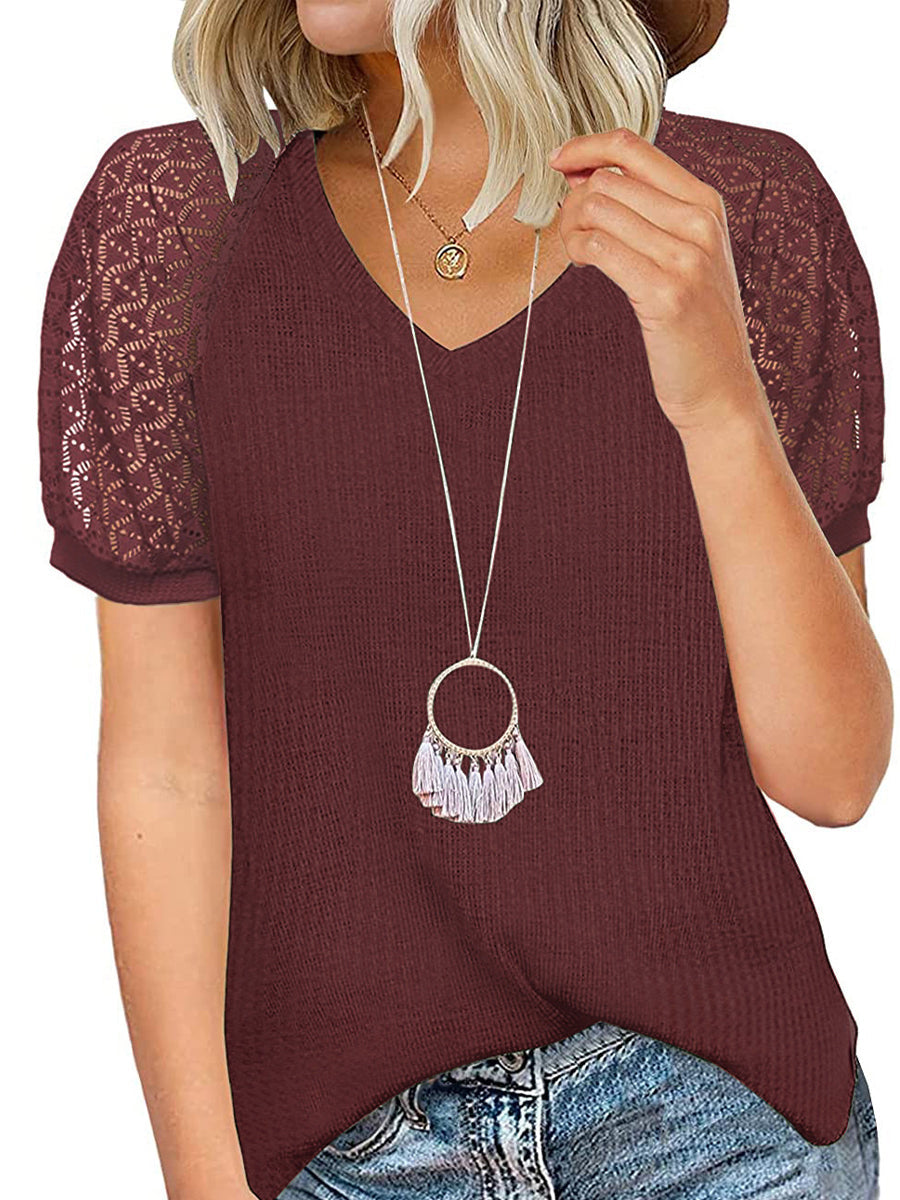 T-Shirts - Lace Loose Casual Waffle Tee Short Sleeve V Neck T-Shirt - MsDressly