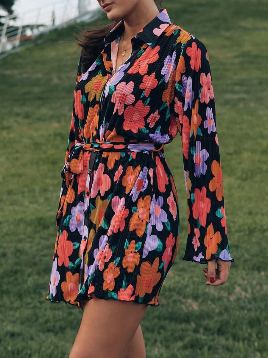 Mini Dresses - Floral Print Tie Lapel Single-Breasted Long-Sleeved Mini Dress - MsDressly