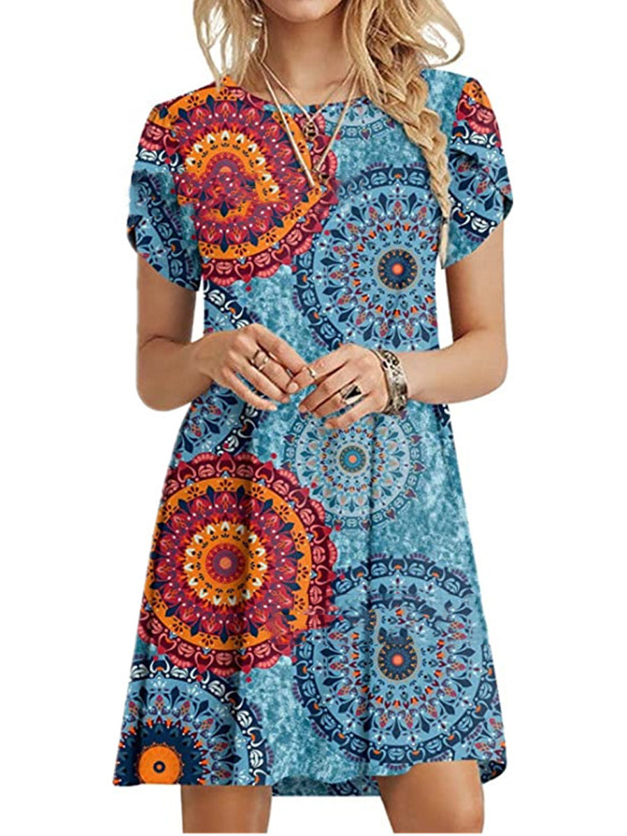 Mini Dresses - Casual Ruffle Short Sleeve Cute Crew Neck Flowy Mini Dress - MsDressly