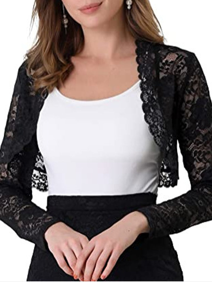 Cardigans - Elegant Crop Sheer Floral Lace Bolero Shrug Cardigan - MsDressly