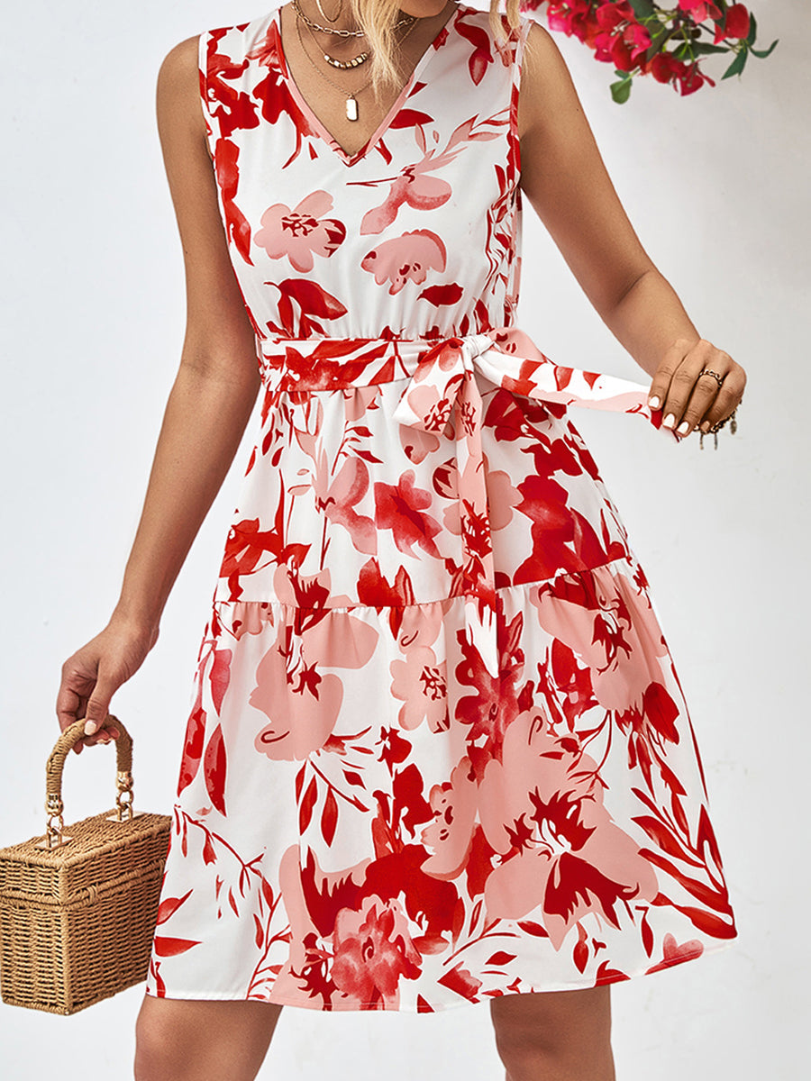 Mini Dresses - Floral V-Neck Tie Waist Sleeveless Mini Dress - MsDressly