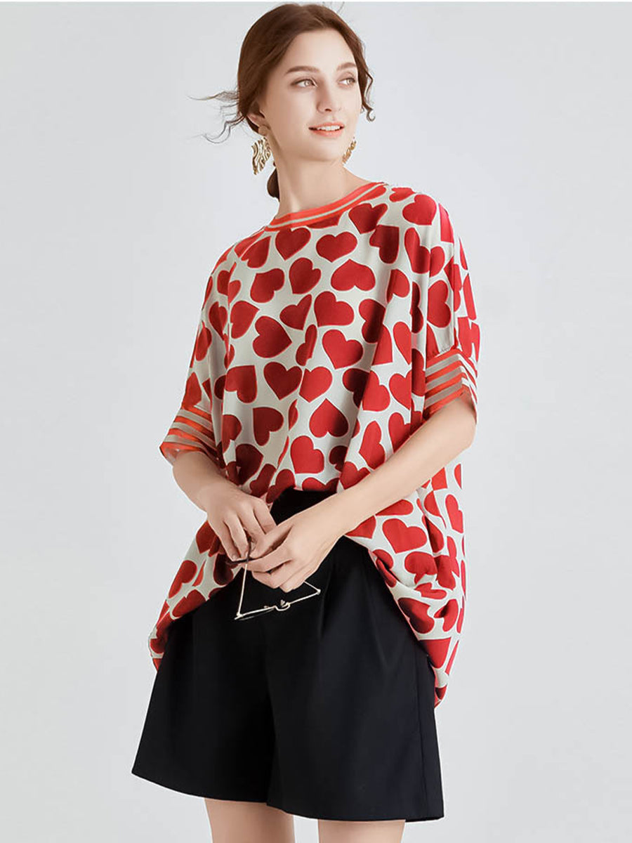 T-Shirts - Silk Print Loose Short-Sleeved T-Shirt - MsDressly