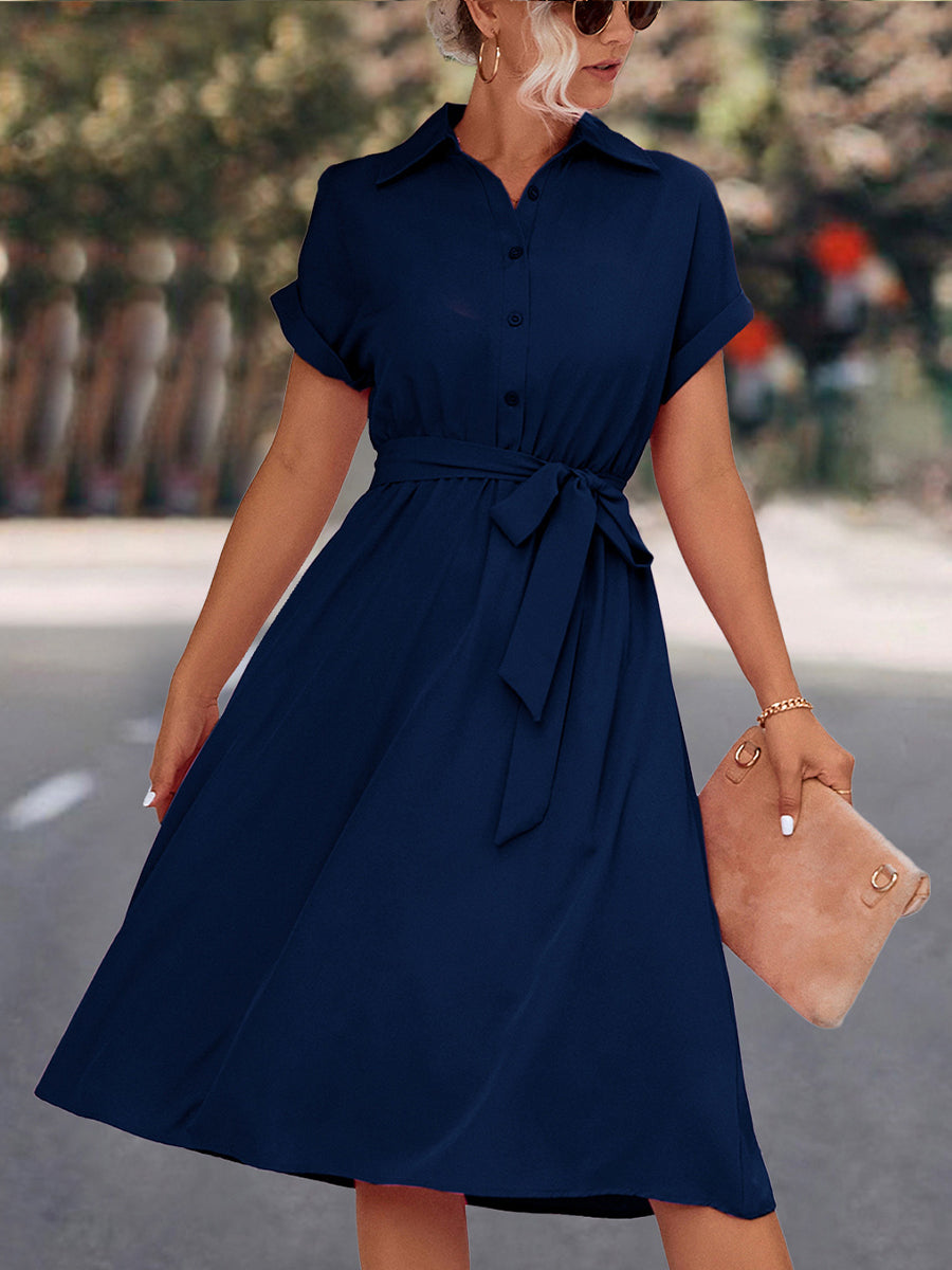 Midi Dresses - Lace Up Solid Color V Neck Midi Dress - MsDressly