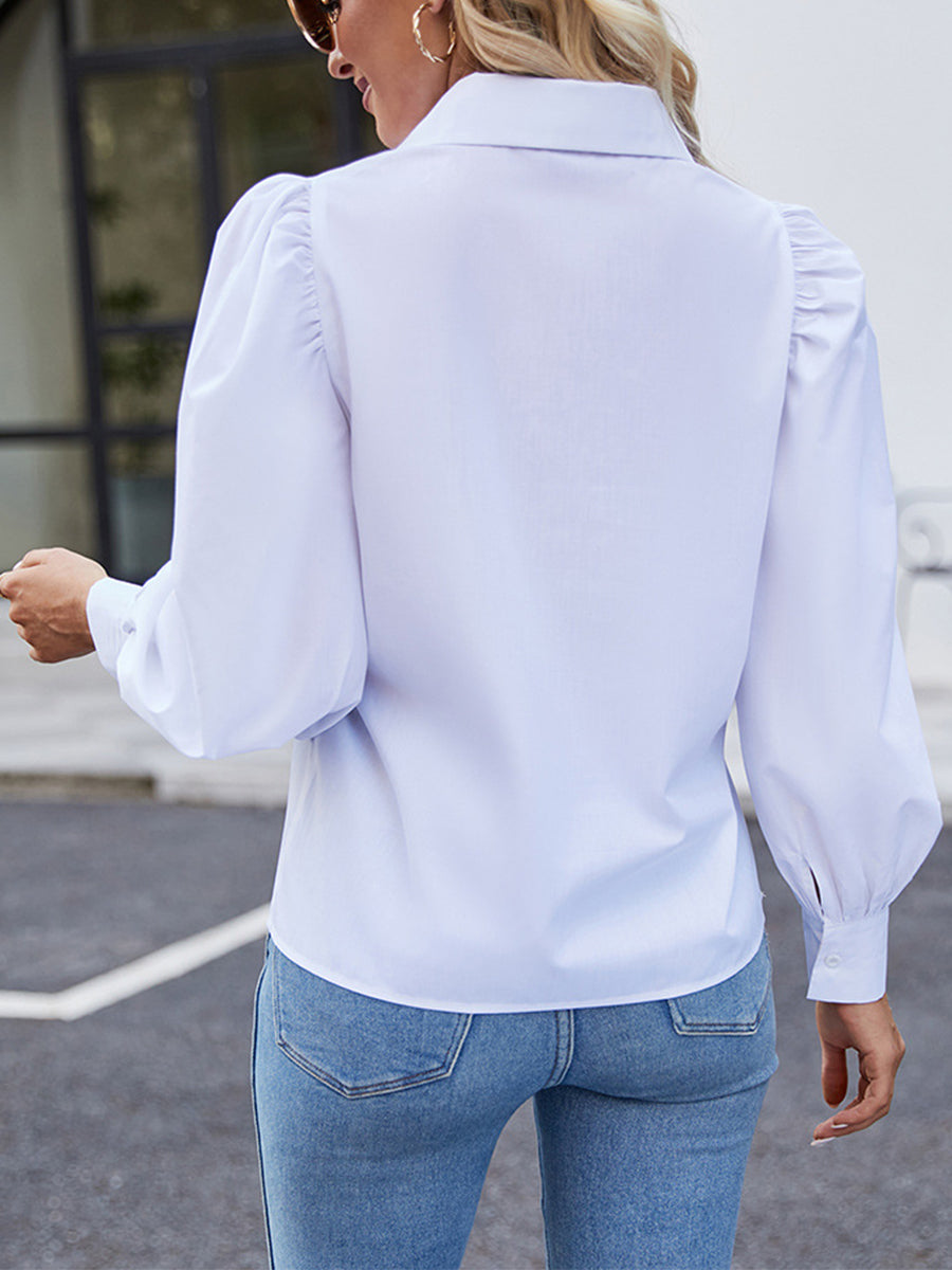 Blouses - Lapel Casual Flare Long Sleeve White Blouse - MsDressly