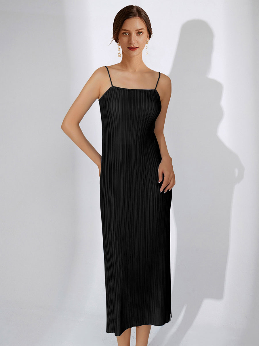 Midi Dresses - Elegant Slimming Pleated Solid Color Temperament Slit Midi Dress - MsDressly