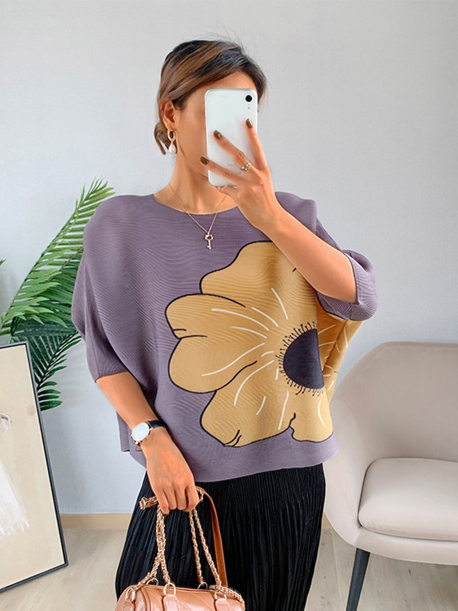 T-Shirts - Printing Pleated Loose Fashion T-Shirt - MsDressly