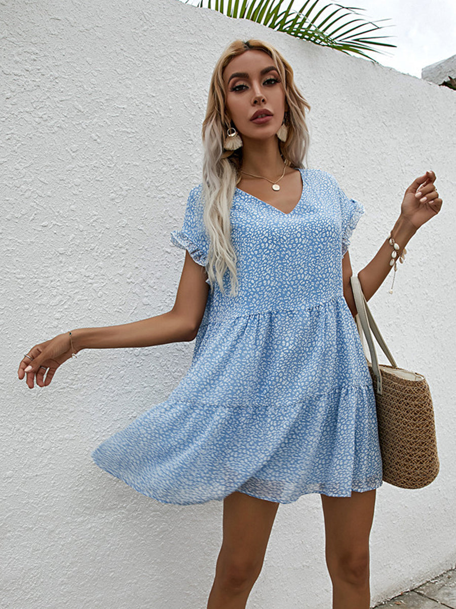 Mini Dresses - Chiffon Loose V Neck Short Sleeve Mini Dress - MsDressly