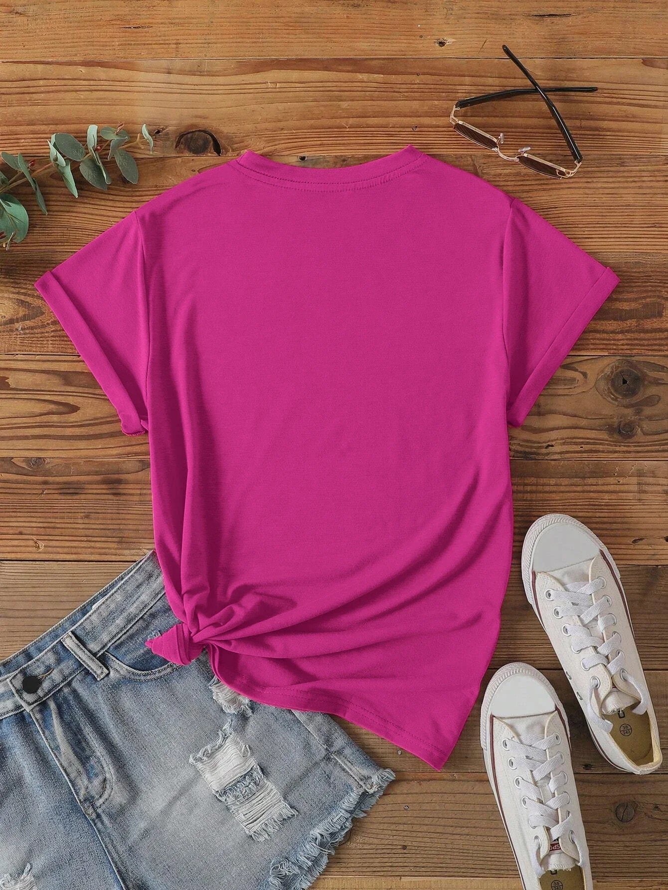 Large White Hibiscus Flower Print T-shirt Short Sleeve Crew Neck Casual Top For Summer & Spring Women's Clothing