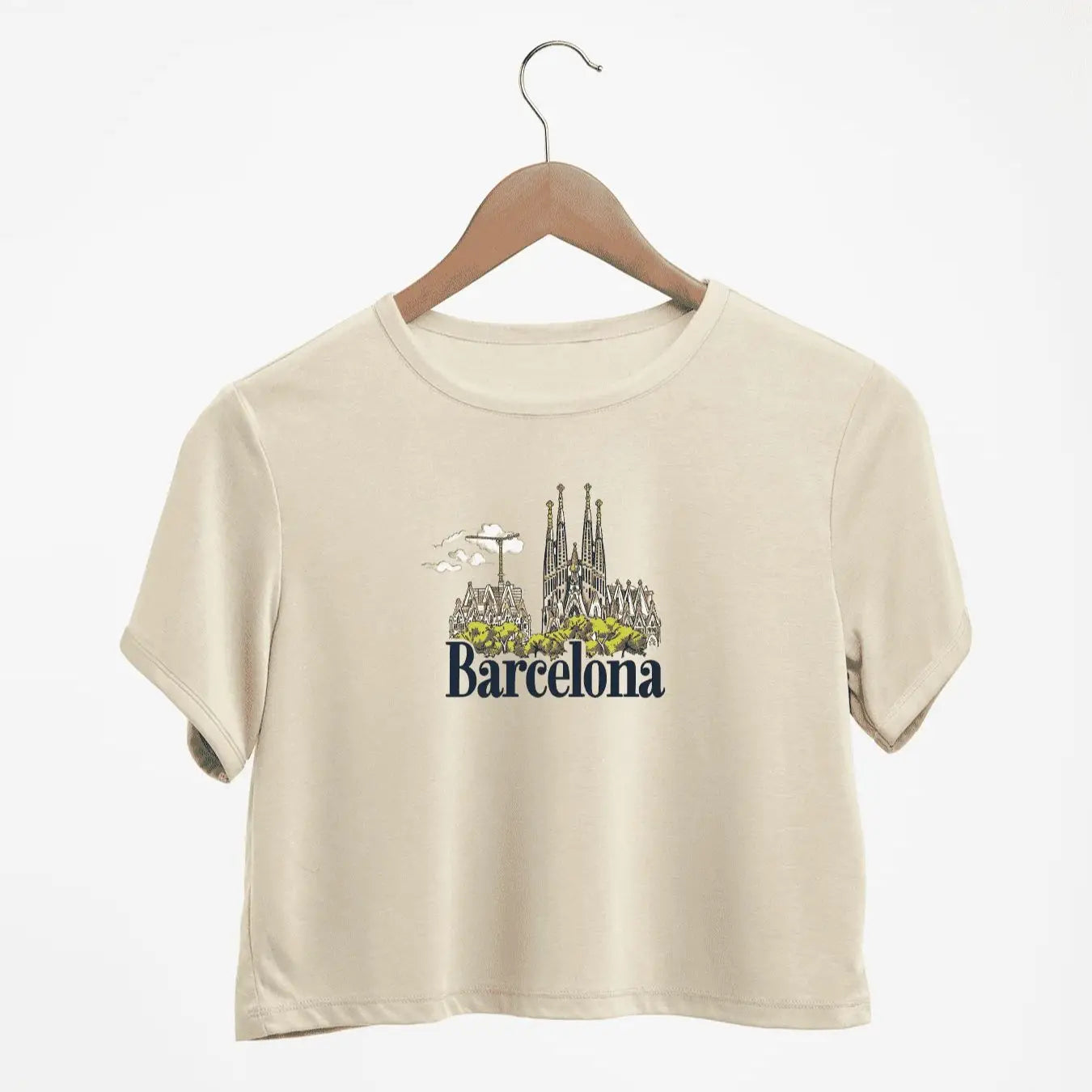 Barcelona Skyline With Bold Barcelona Print Crew Neck Crop T-Shirts Casual Short Sleeve Top For Spring & Summer Women's Clothing