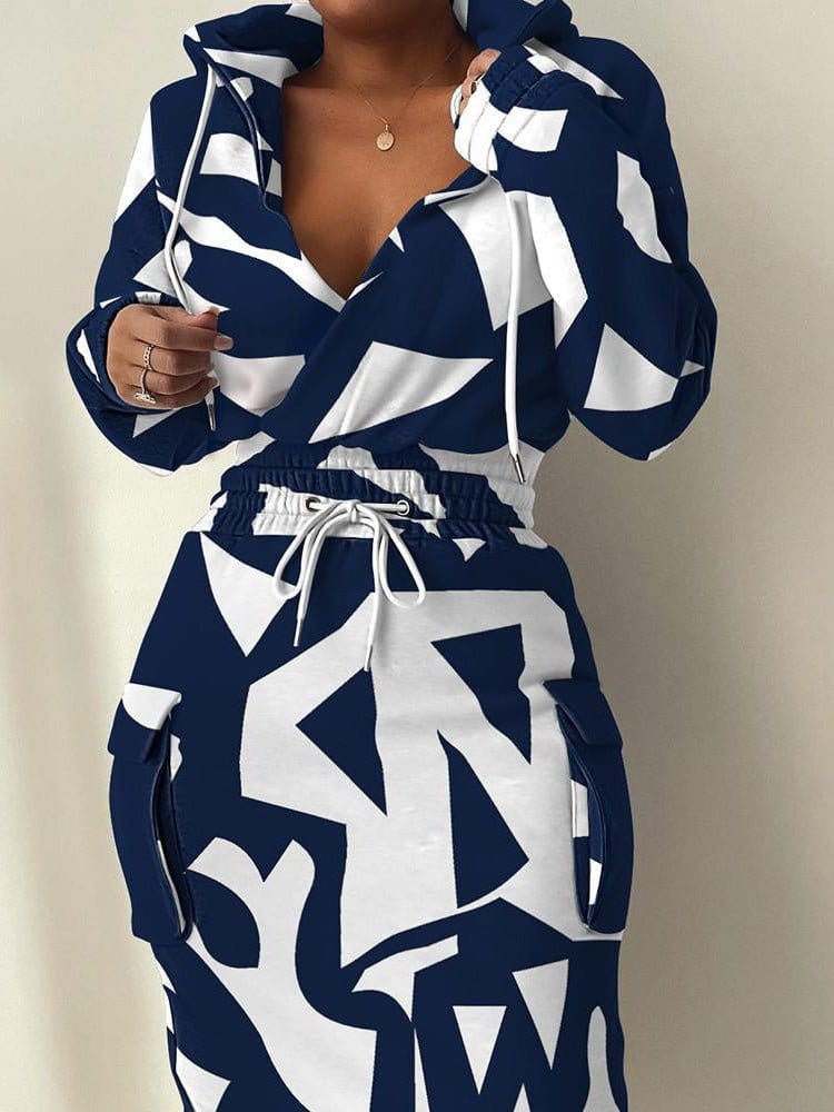 Stylish Print Design Long Sleeve Dress with Elastic Waist & Pockets