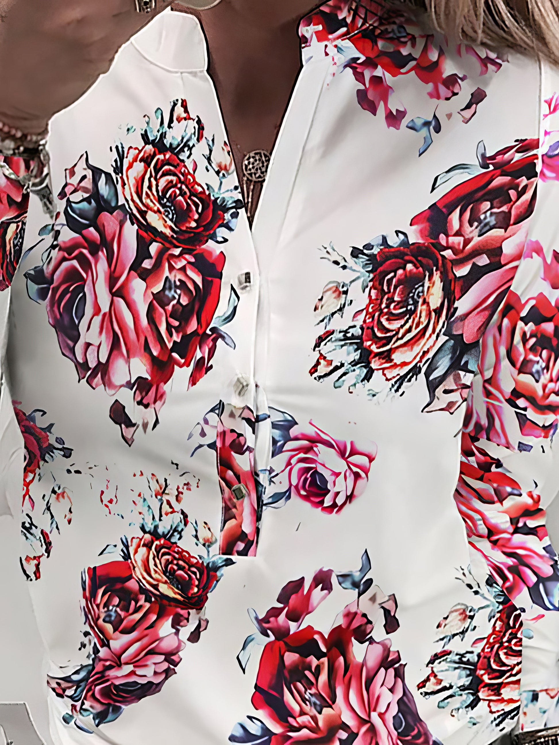 Blouses - Flower V-Neck Button Long Sleeve Blouse - MsDressly