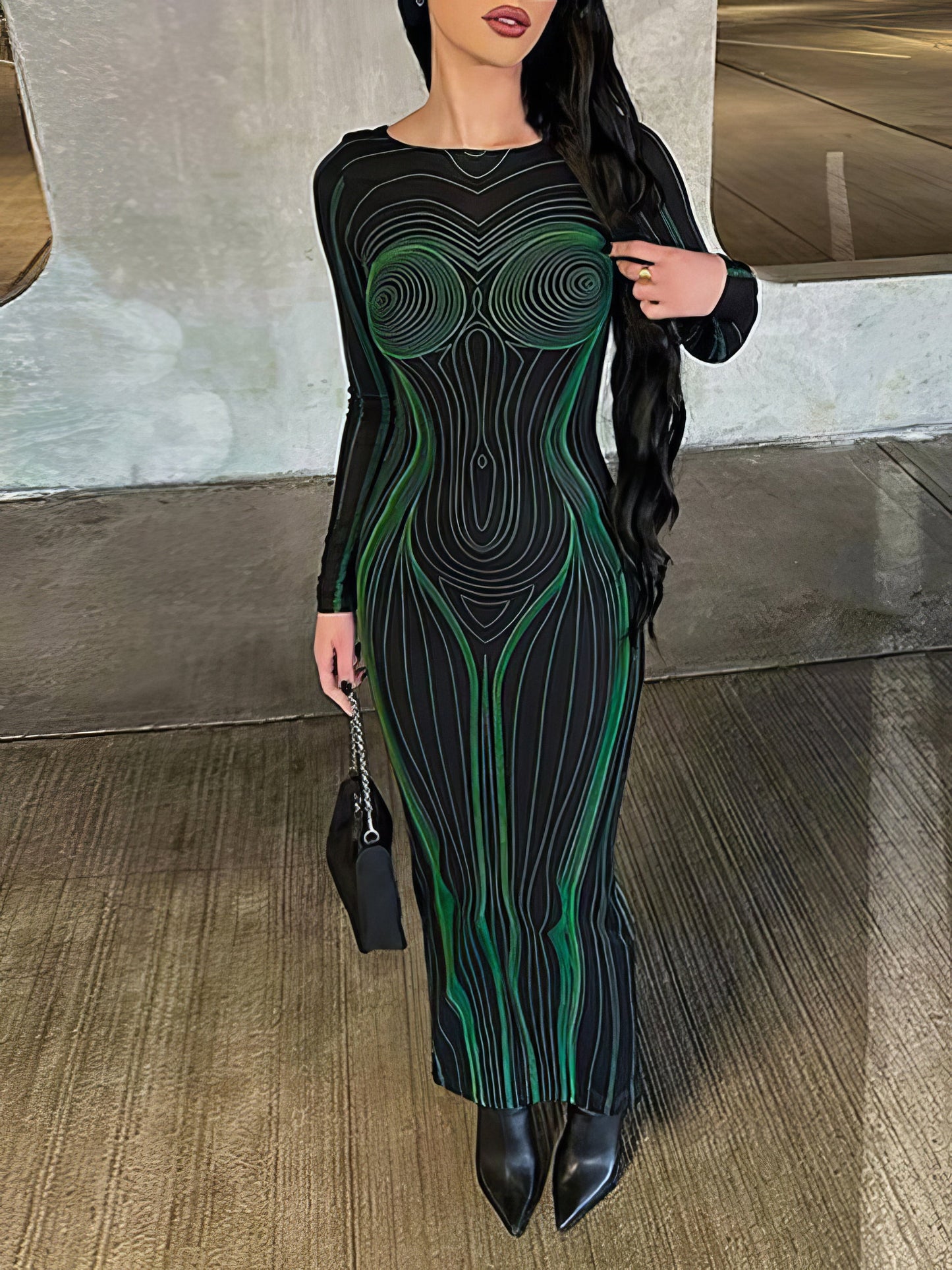 Maxi Dresses - Printed Backless Slim Round Neck Long Sleeve Maxi Dress - MsDressly