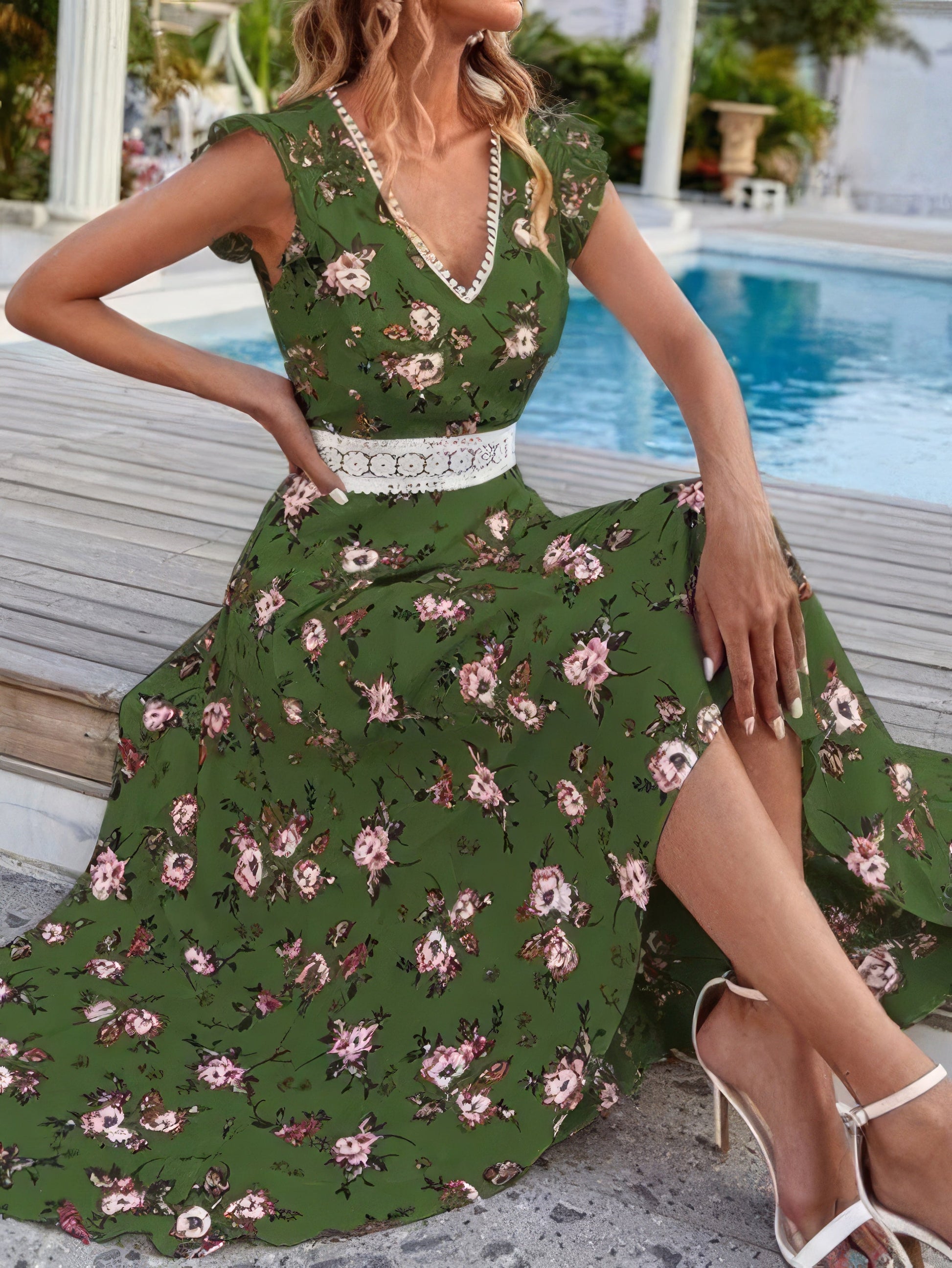 Maxi Dresses - Floral Print V-Neck Sleeveless Dress - MsDressly