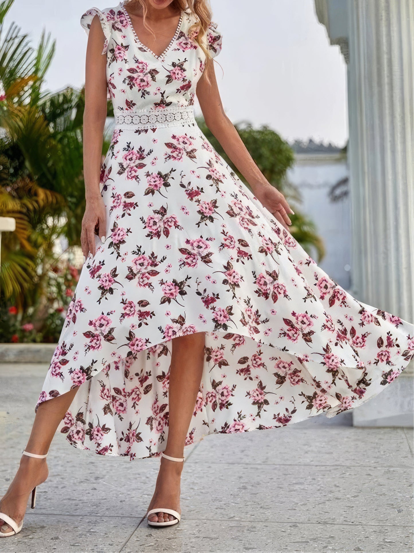 Maxi Dresses - Floral Print V-Neck Sleeveless Dress - MsDressly