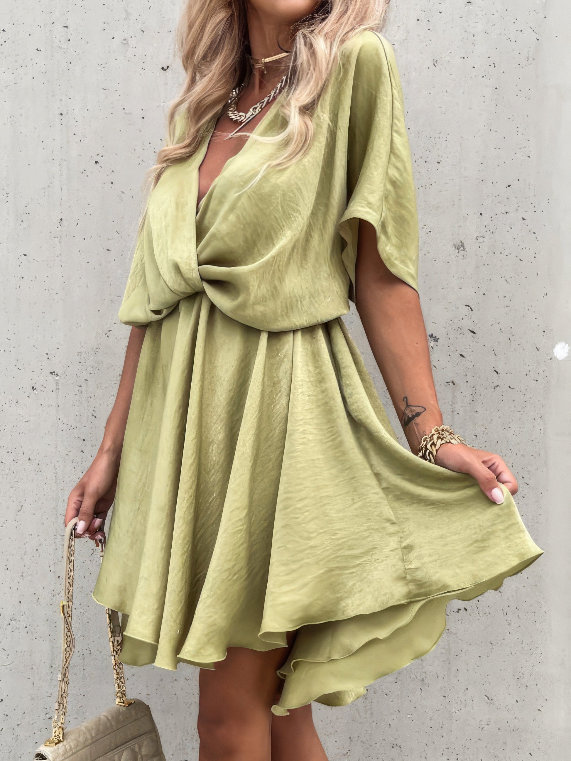 Mini Dresses - Loose V-Neck Short Sleeve Mini Dress - MsDressly