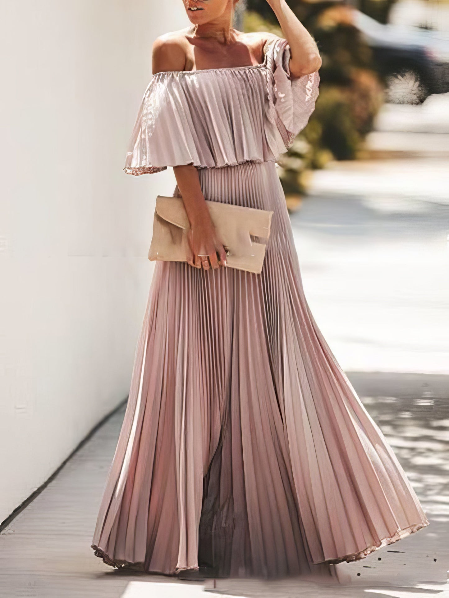 Maxi Dresses - Boat Neck One-Shoulder Pleated Chiffon Dress - MsDressly