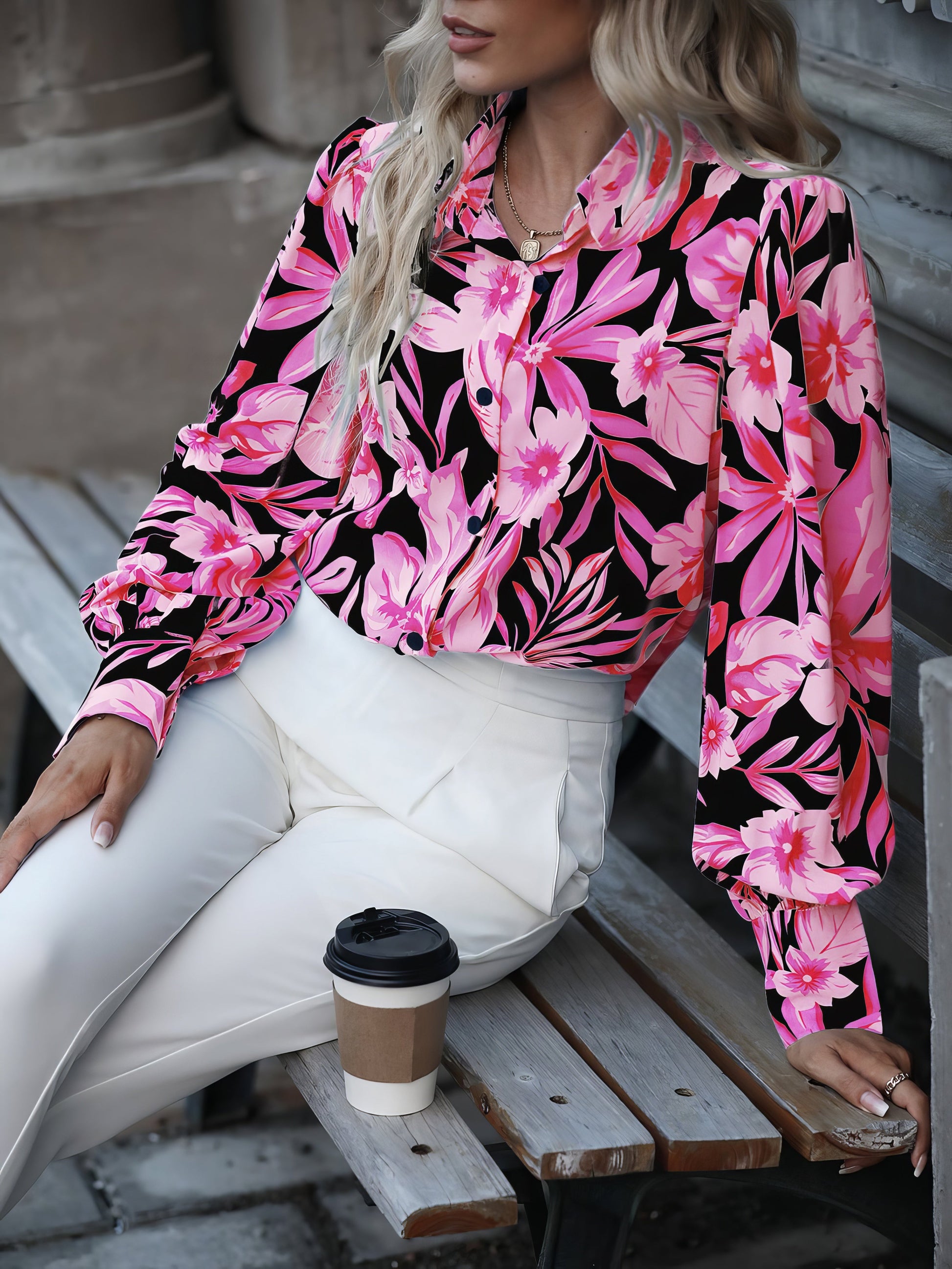 Blouses - Lapel Single Breasted Printed Long Sleeve Blouse - MsDressly